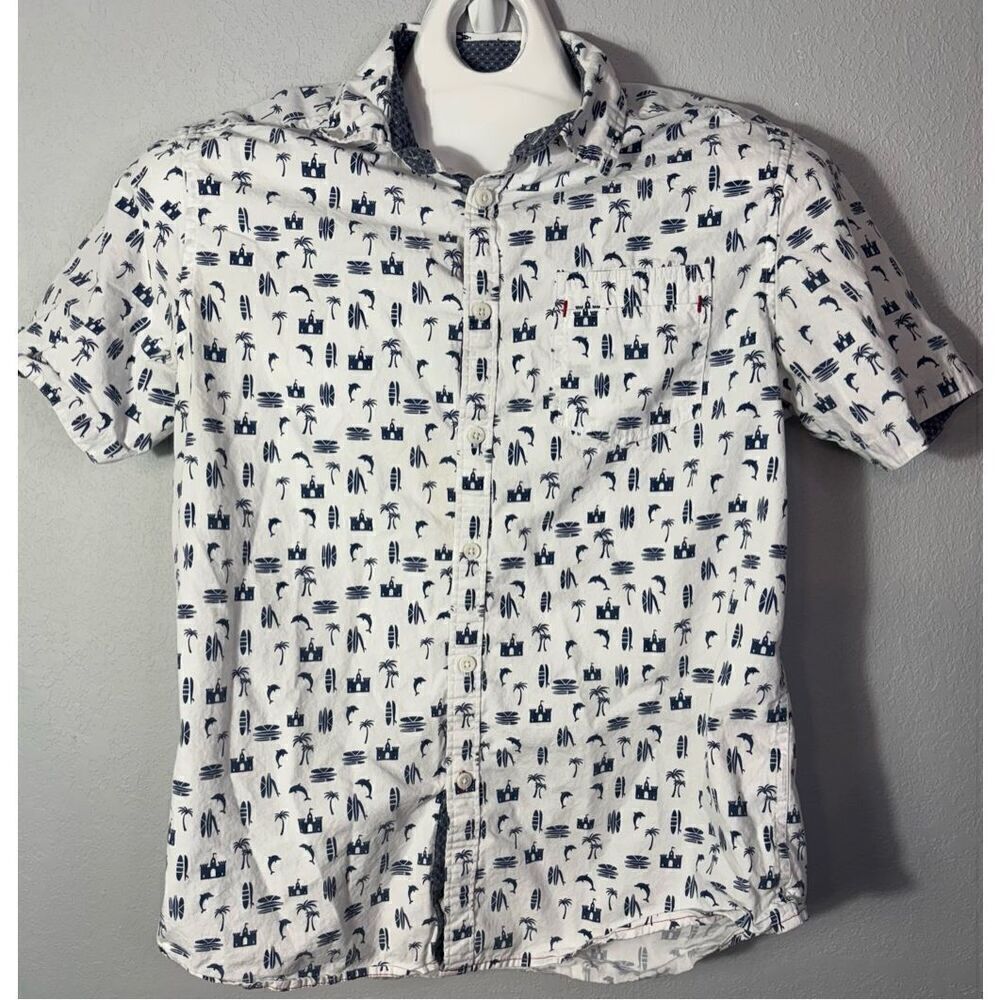 Burnside Men's White Tropical Print Button Down Short Sleeve Shirt Size M